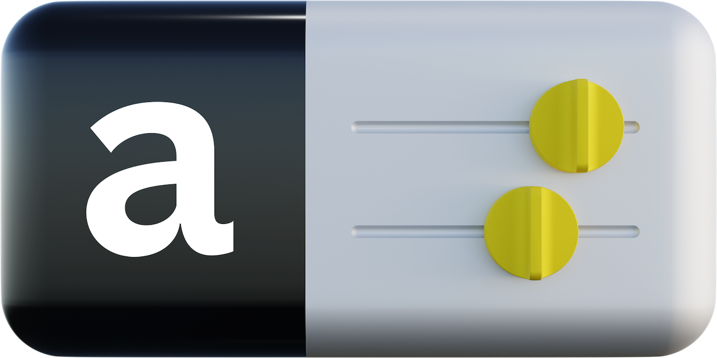Web extension illustration, a simplified 3d rendering showing three buttons, a slider and a digital screen with a lowercase a. 